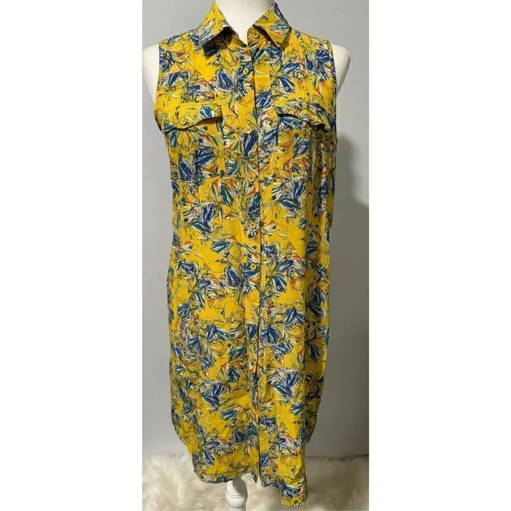 Club Monaco 100% Silk yellow blue floral sleeveless shift dress button front 6